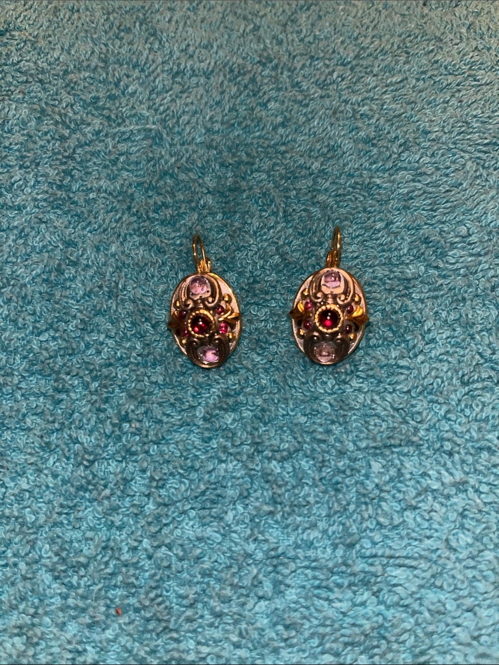 Michal Golan signed Gold-Tone Oval Drop Earrings with Red Garnets